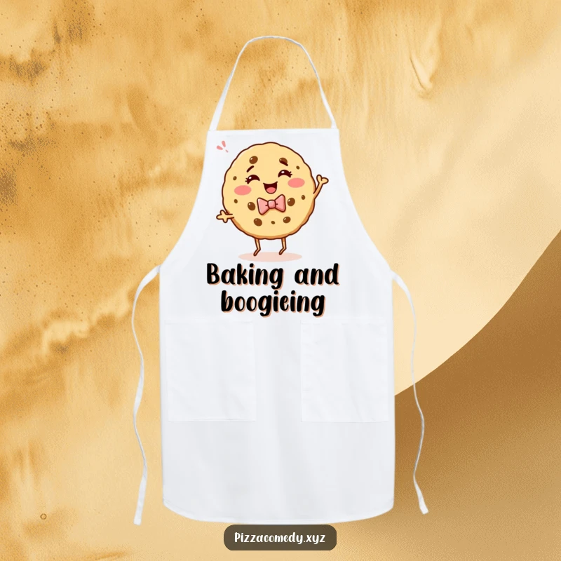 Funny apron featuring a giggling cookie in a bow tie, dancing energetically, bringing humor and fun to kitchen tasks.