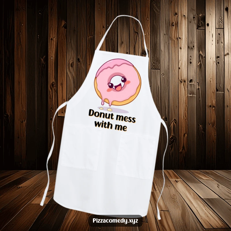 Funny Donut Apron: A giggling donut with frosting dripping slightly doing a playful somersault, for fun baking.