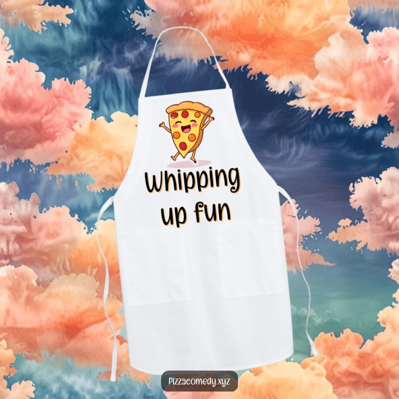 Funny Pizza Apron: A cheerful apron featuring a pizza slice cartwheeling, a fun kitchen funny gift.