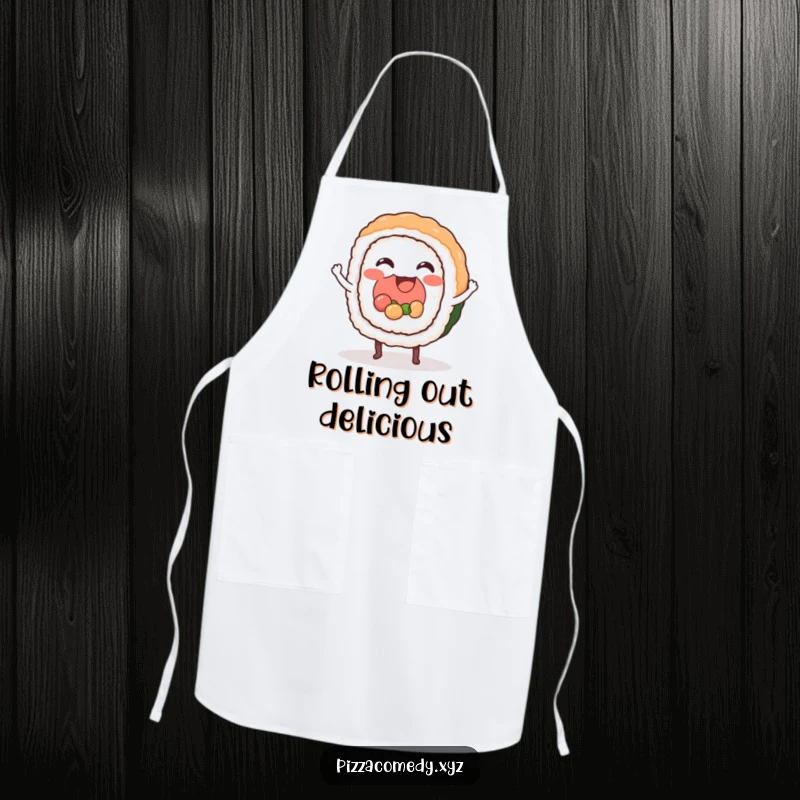Funny Sushi Apron: A rhythmic apron featuring a sushi roll dancing, a fun kitchen funny gift.