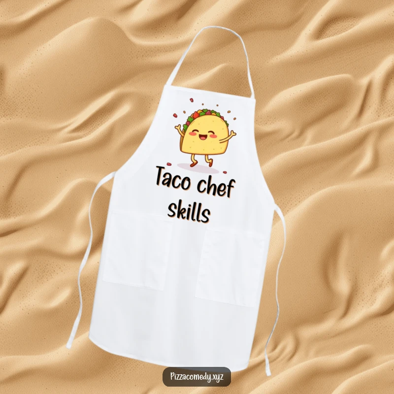 Funny kitchen apron featuring a smiling taco with legs dancing a jig, scattering toppings with playful energy.