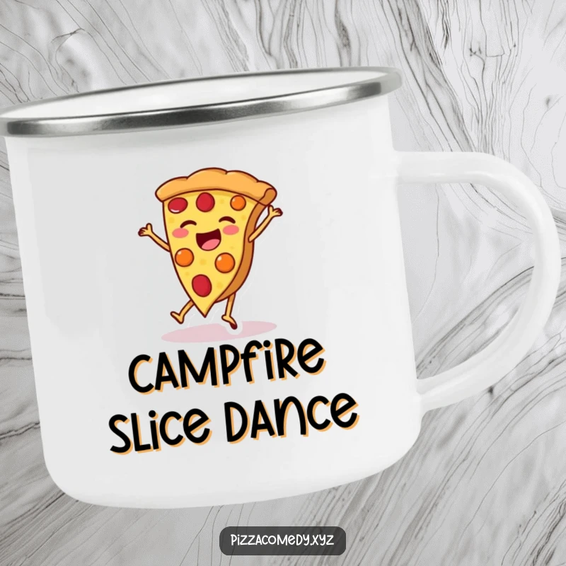 Funny Pizza Camping Mug: A sturdy mug showing a pizza slice cartwheeling, perfect for outdoor funny gifts.