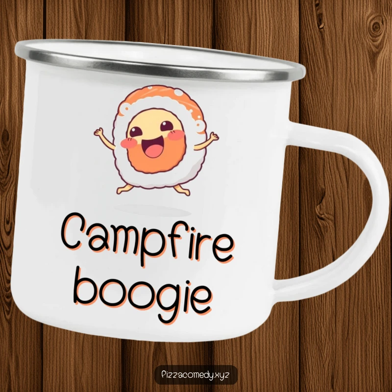 Funny Sushi Camping Mug: A piece of sushi with a happy mouth wiggles joyfully, ready for adventure.
