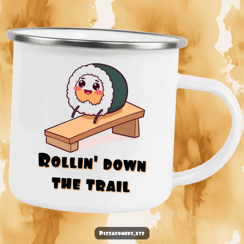 Funny enamel camping mug with a smiling sushi roll on stick legs sliding down a ramp, ready for the outdoors.
