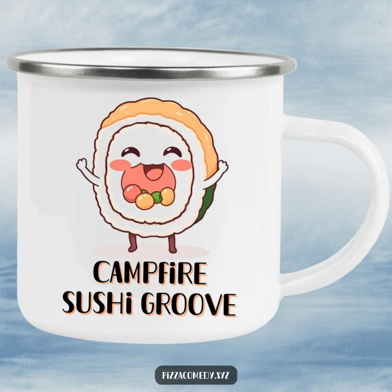 Funny Sushi Camping Mug: A sturdy mug showing a sushi roll dancing, perfect for outdoor funny gifts.