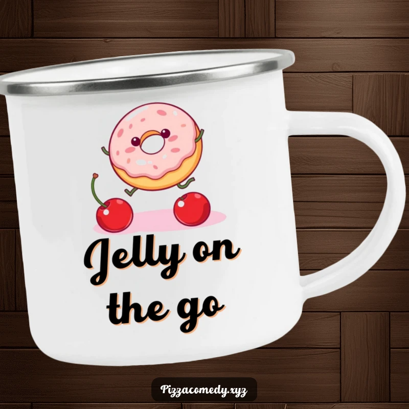 Funny Donut Camping Mug: A wobbly donut with legs leaps for a cherry, a humorous and durable mug for outdoor fun.
