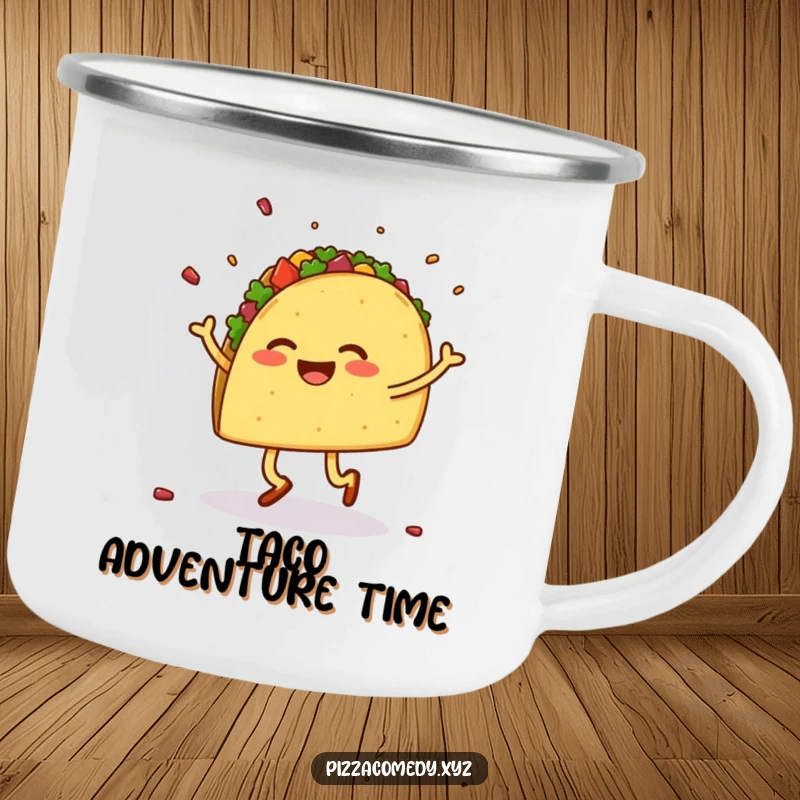 Funny enamel camping mug with a smiling taco on legs doing a lively jig, scattering toppings.