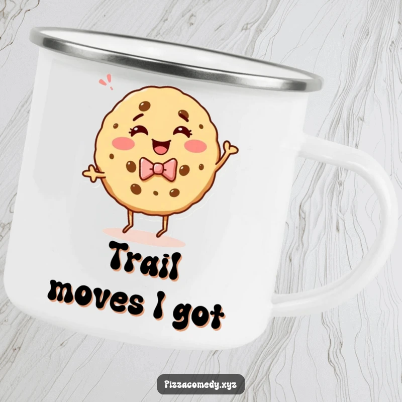 Funny camping mug with a giggling cookie in a bow tie, dancing energetically, perfect for outdoor enthusiasts who appreciate sweet, humorous designs.