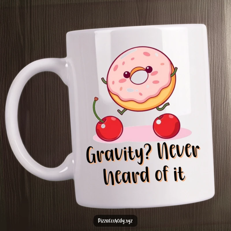 Funny Jelly Donut Mug: A wobbly donut with legs joyfully leaps toward a falling cherry, capturing a moment of sweet, silly determination.