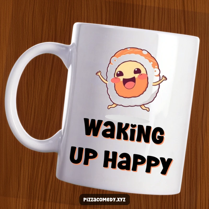 Funny Sushi Mug: A piece of sushi with a happy mouth wiggles joyfully, dancing with pure delight.