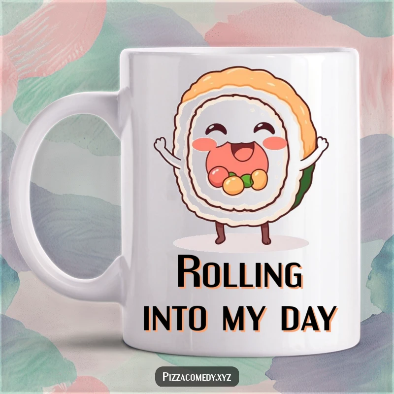Funny Sushi Mug: A cheerful sushi roll with feet tapping a beat, depicting happy food rhythm for funny gifts.