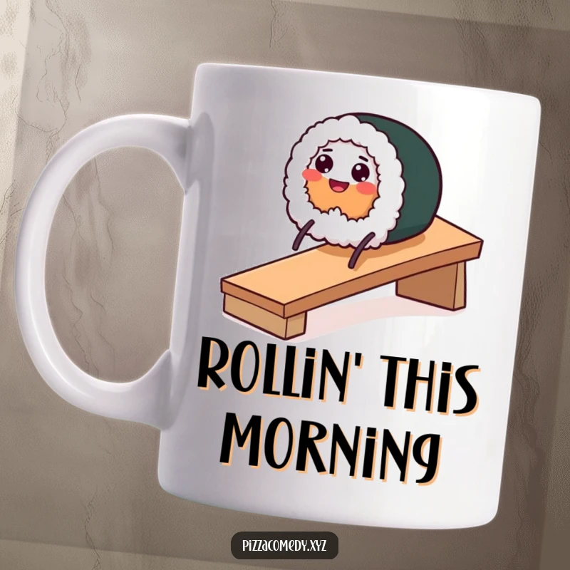 Funny ceramic mug showing a happy sushi roll with stick legs sliding down a ramp with a joyfully surprised expression.