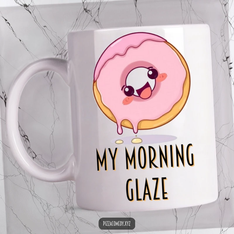 Funny Donut Mug: A giggling donut with dripping frosting doing a playful somersault, radiating delicious fun.