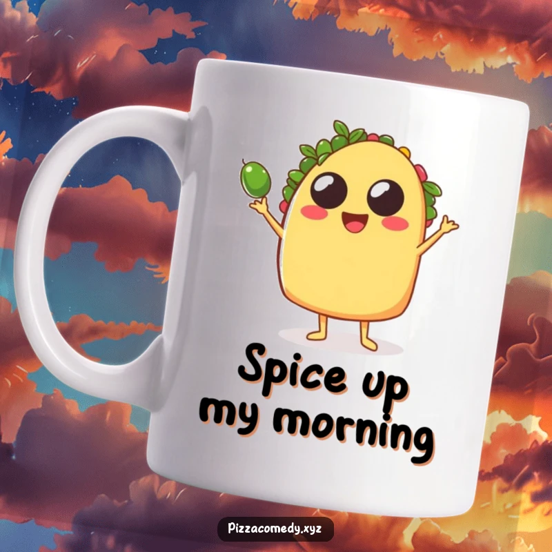 Funny Taco Mug: A joyful taco with arms juggling olives, showcasing festive food fun for funny gifts.