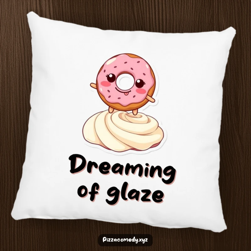 Funny pillow showcasing a grinning doughnut in a playful leap over a luscious cream swirl, offering sweet comfort and cheerful decor.