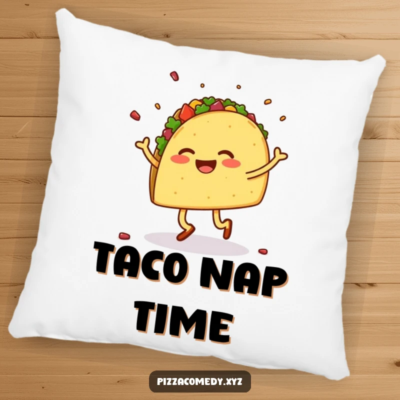 Funny decorative pillow with a happy taco on legs doing a lively jig, scattering toppings playfully.