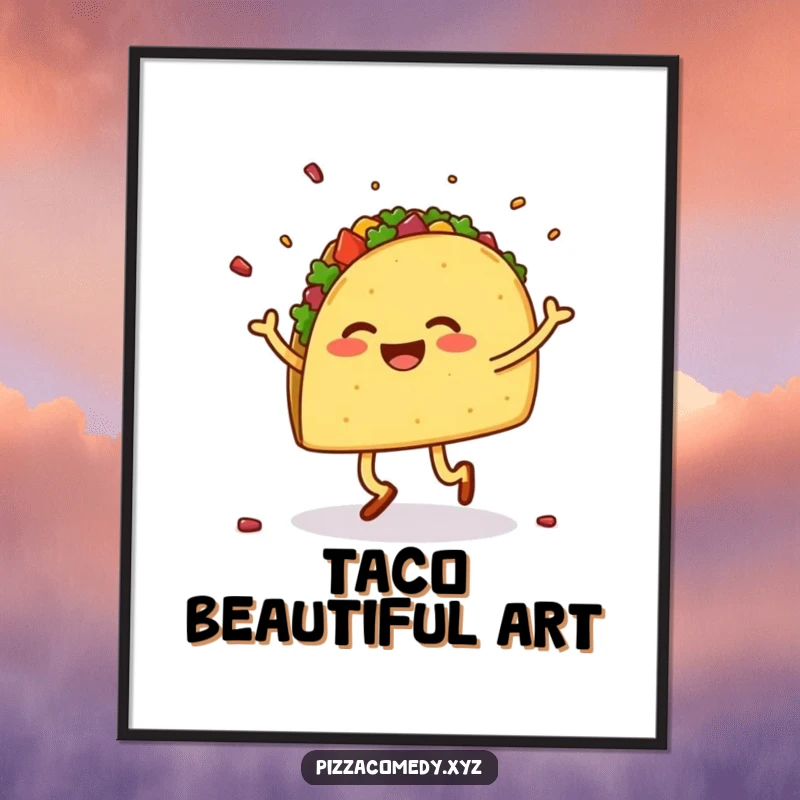 Funny digital art print of a smiling taco with legs dancing a jig, scattering toppings, perfect for festive decor.
