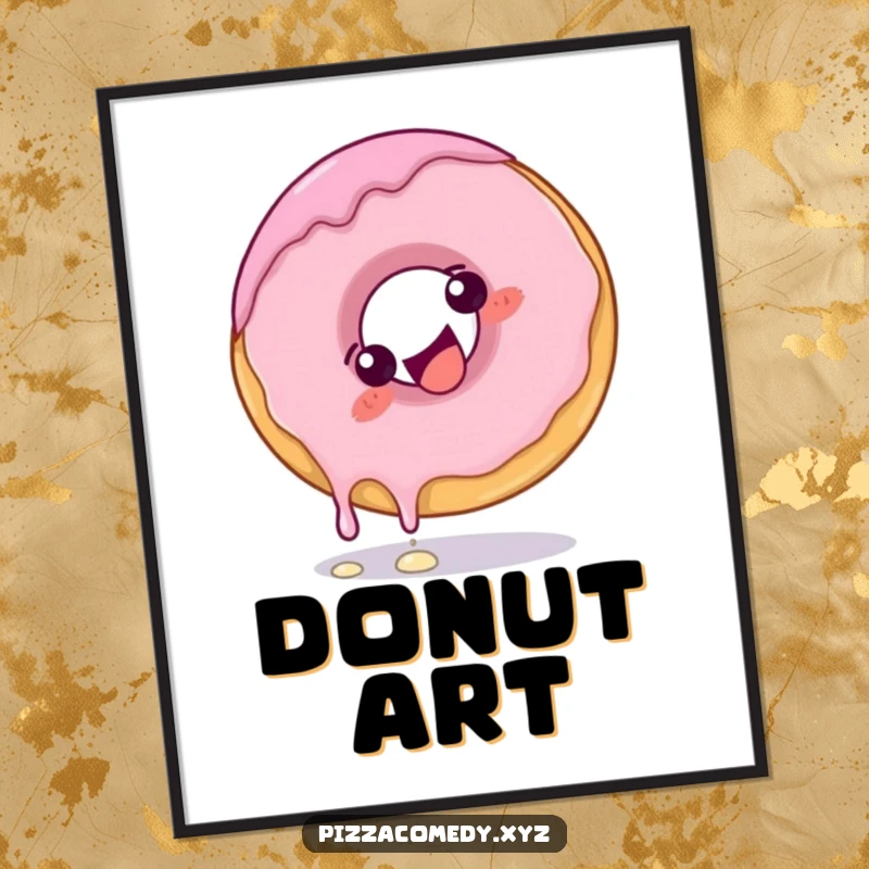 Funny Donut Digital Art Print: A giggling donut with frosting dripping slightly doing a playful somersault, sweet and whimsical.