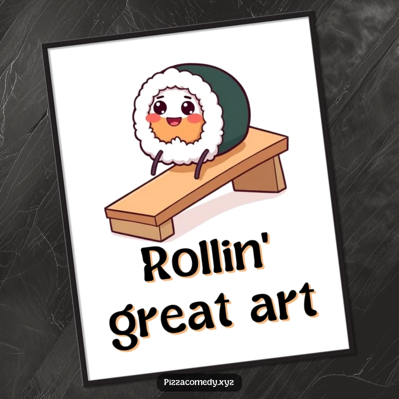 Funny digital art print of a smiling sushi roll with stick legs sliding down a ramp, perfect for playful decor.