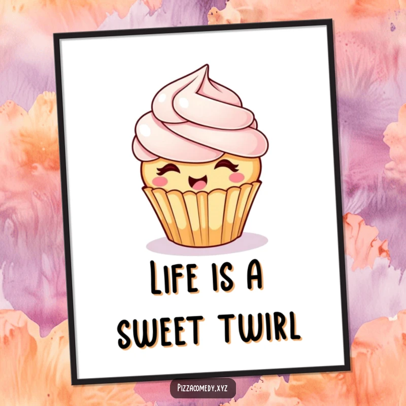 Funny Giggling Cupcake Digital Art Print: A cupcake with swirly frosting hair spins joyfully, a humorous and downloadable artwork.