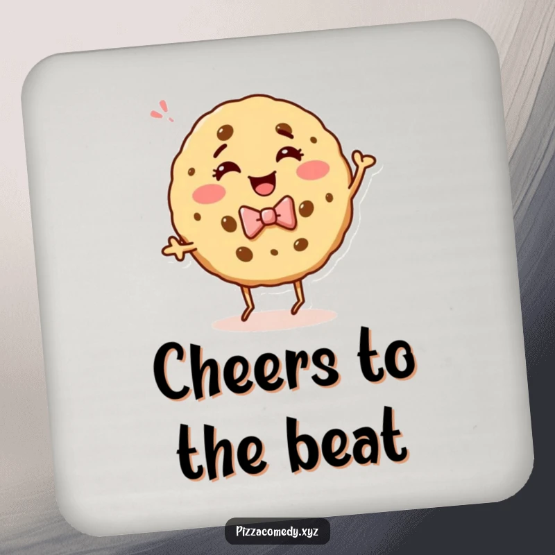 Funny drink coaster featuring a giggling cookie with a bow tie, dancing joyfully, adding a touch of sweet humor to any setting.
