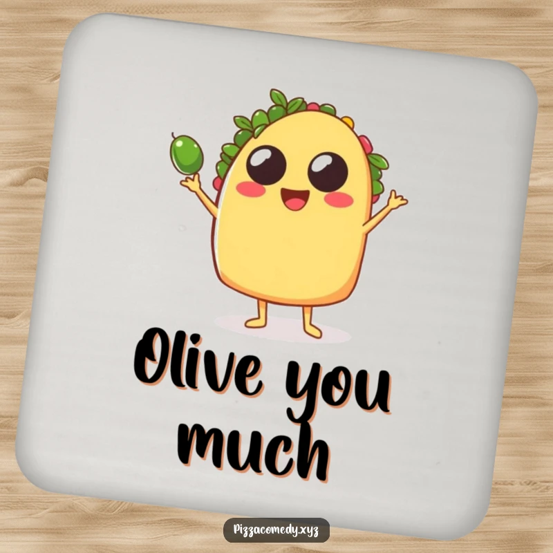 Funny Taco Coasters: Coasters with a funny taco juggling olives, offering festive protection and funny gifts.
