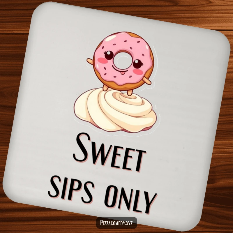 Funny drink coaster featuring a grinning doughnut mid-leap over a cream swirl, adding a touch of sweet humor to any table setting.