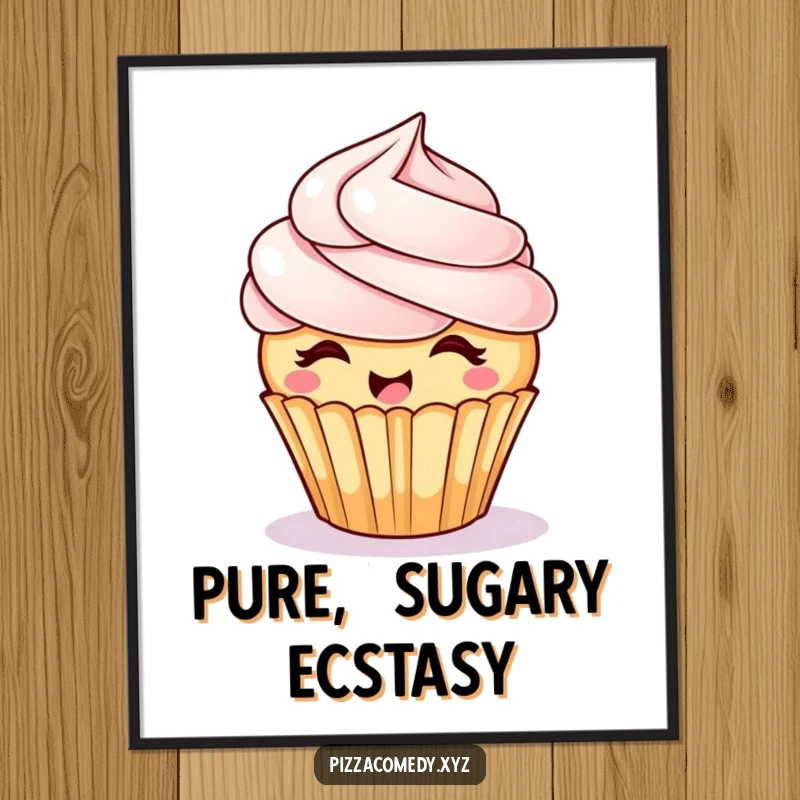 Funny Giggling Cupcake Poster: A cupcake with colorful frosting hair is spinning with glee, a whimsical and amusing artwork.