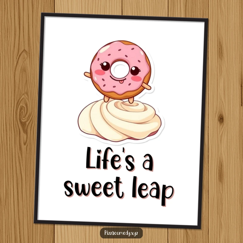 Funny poster depicting a grinning doughnut joyfully leaping over a creamy swirl, capturing a moment of pure pastry exhilaration.