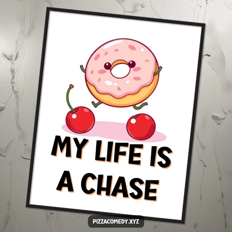 Funny Donut Poster: A wobbly jelly donut with small legs leaps energetically towards a falling cherry, showcasing a funny, dynamic scene.