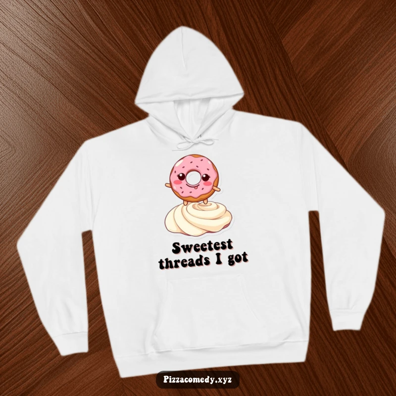 Funny hoodie with a grinning doughnut mid-leap over a sweet cream swirl, depicting joyful movement and delectable charm.