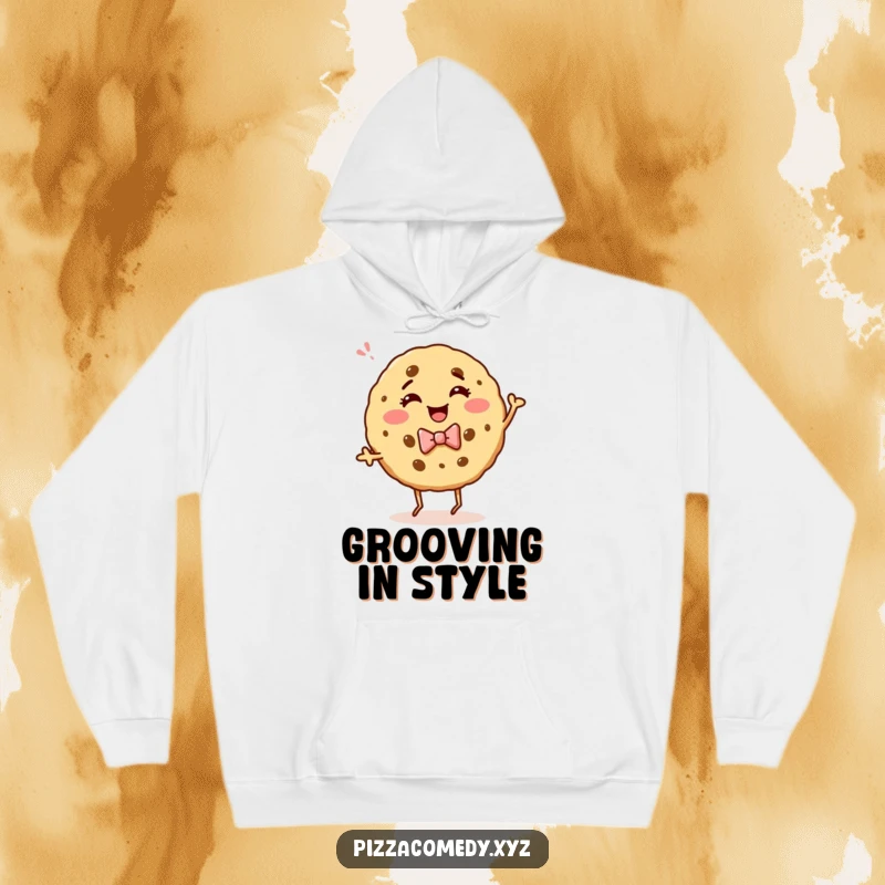 Funny hoodie featuring a giggling cookie in a bow tie, captured mid-dance with infectious energy and a happy expression.