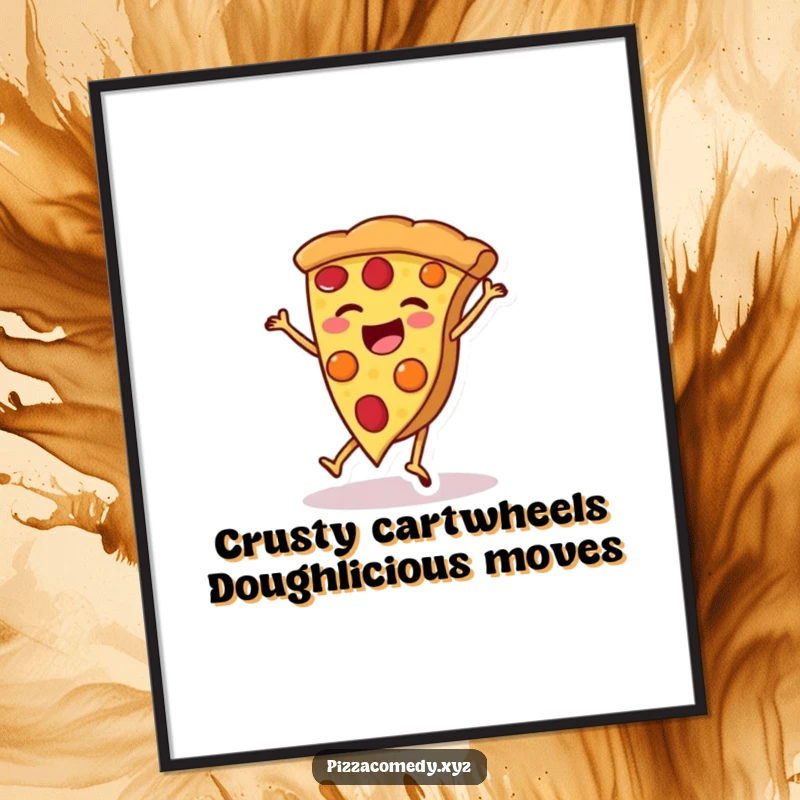 Funny Free Printable Wall Art! A happy pizza slice on legs is doing a cartwheel, bringing a dose of fun to your space.