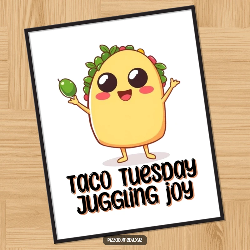 Funny Free Printable Wall Art! A joyful taco with arms actively juggles small olives, adding a burst of fun.