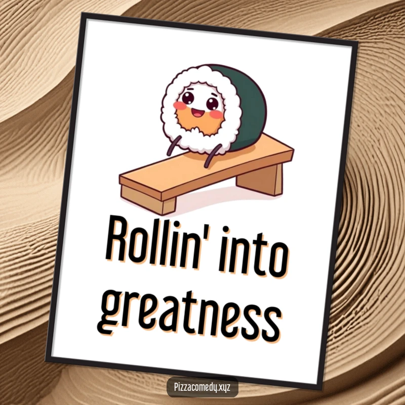 Free Printable Wall Art depicts a smiling sushi roll with tiny stick legs happily sliding down a ramp with great speed.