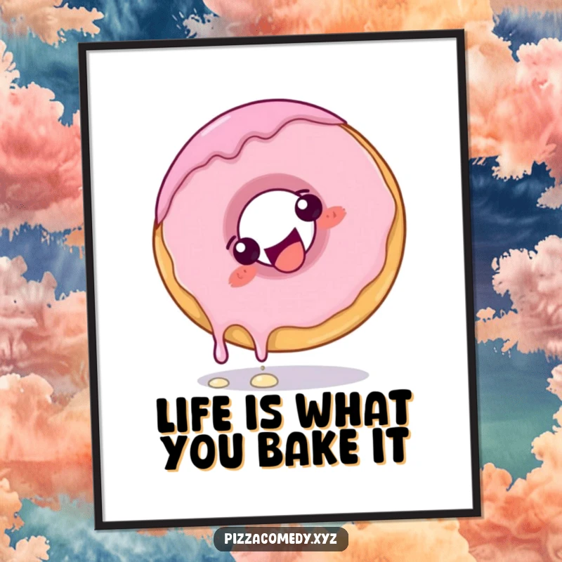 Funny Free Printable Donut Wall Art: A giggling donut with frosting dripping slightly does a playful somersault.