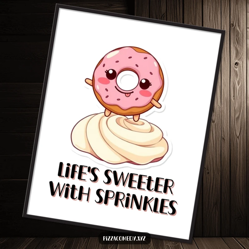 Funny Free Printable Wall Art: A grinning doughnut leaps energetically over a cream swirl, a sweet and hilarious decoration. Download.