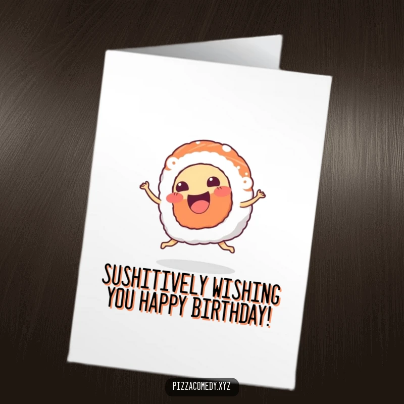 Funny Free Printable Birthday Card: A piece of sushi dancing joyfully with a happy mouth, a cute downloadable gift.
