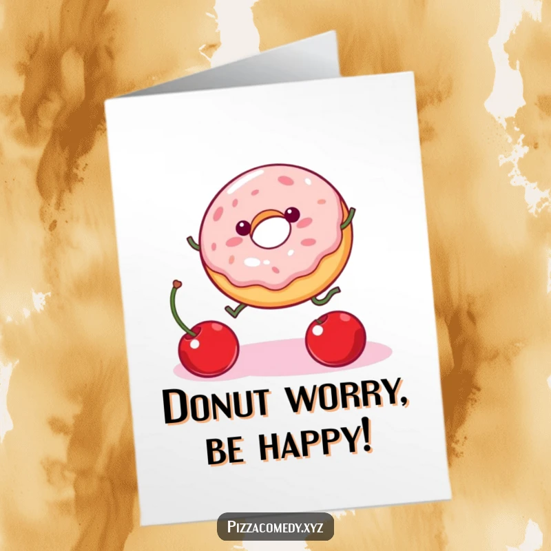 Funny Free Printable Birthday Card: Wobbly donut with legs leaping for a falling cherry, pure joy and sugar rush.