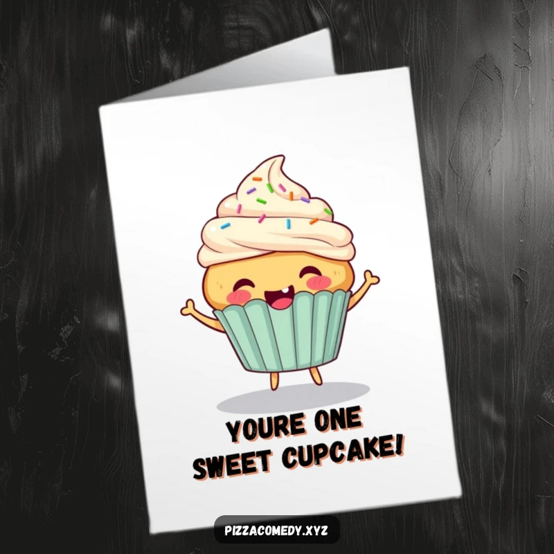 Funny Free Printable Cupcake Birthday Card: A cheerful cupcake with sprinkles for hair bounces energetically.