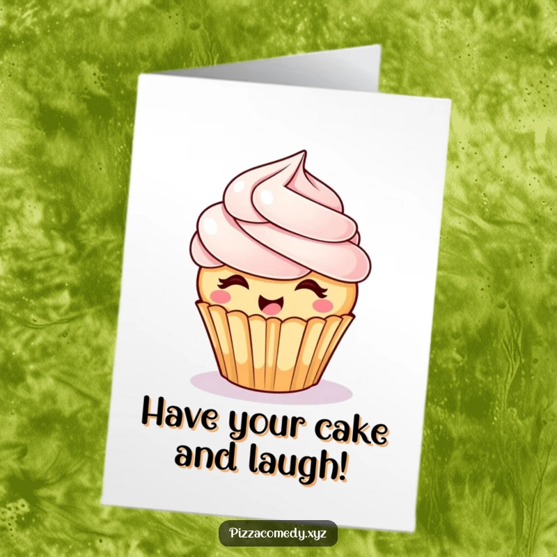 Funny Free Printable Birthday Card: A happy cupcake with frosting hair spinning gleefully, pure birthday delight.