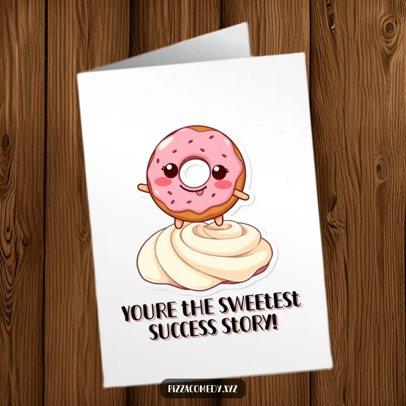 Funny Free Printable Congratulations Card: A grinning doughnut celebrates a victory, leaping over a cream swirl with pure joy. Downloadable.