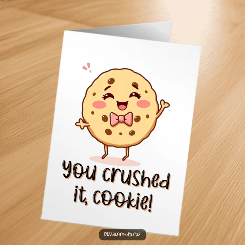 Funny Free Printable Congratulations Card: A giggling cookie in a bow tie performs an energetic dance. Joyful and fun.