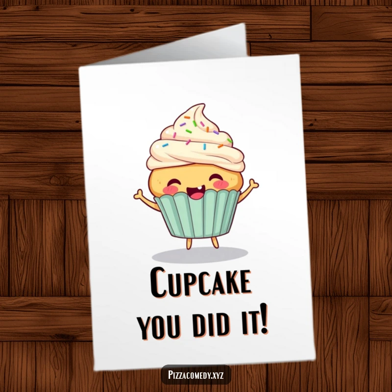 Funny Free Printable Cupcake Congratulations Card: A cheerful cupcake with sprinkles for hair bounces energetically.
