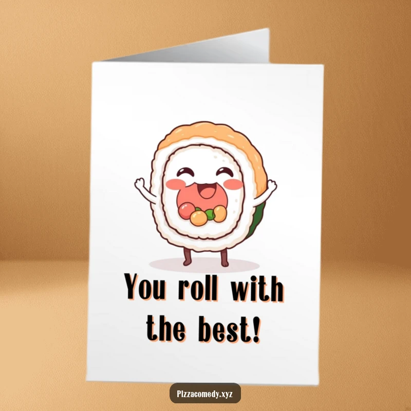Funny Free Printable Congrats Card! A happy sushi roll dances to a beat, celebrating your fantastic success.