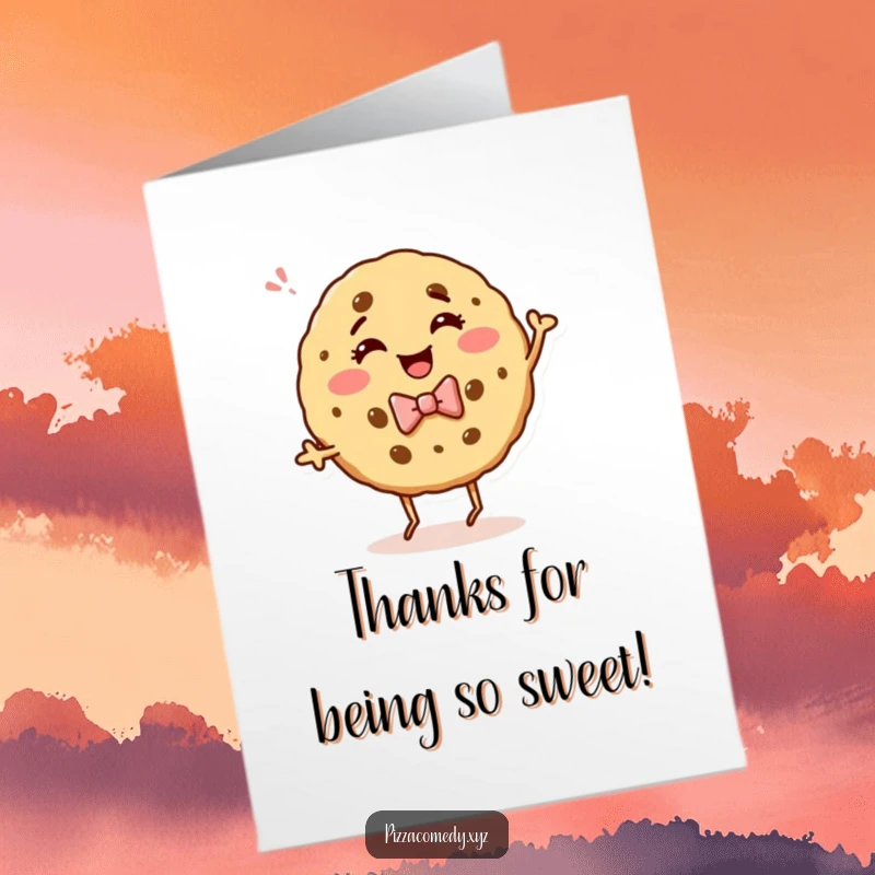 Funny Free Printable Thank You Card: A giggling cookie in a bow tie dances enthusiastically. Expressing thanks with style.
