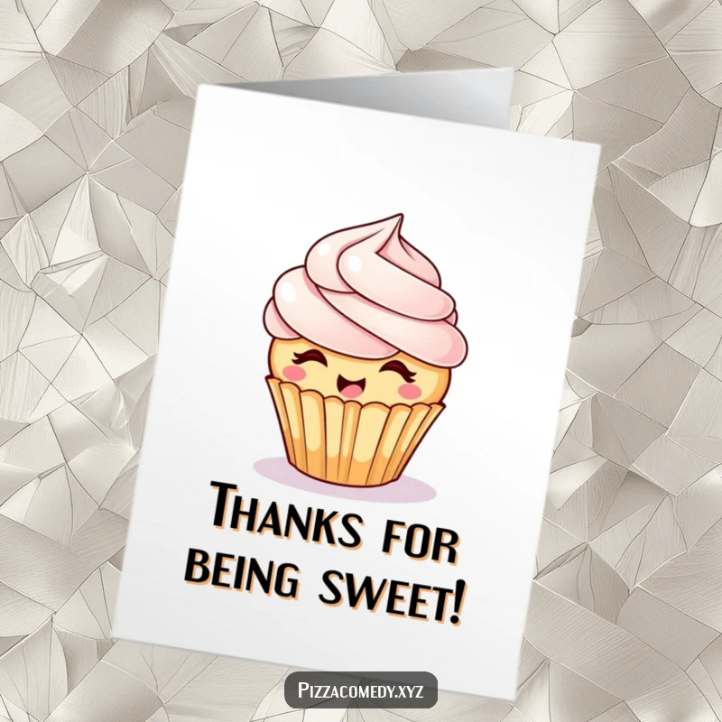 Funny Free Printable Thank You Card: A cupcake with swirly frosting hair giggling while spinning, expressing warm thanks.