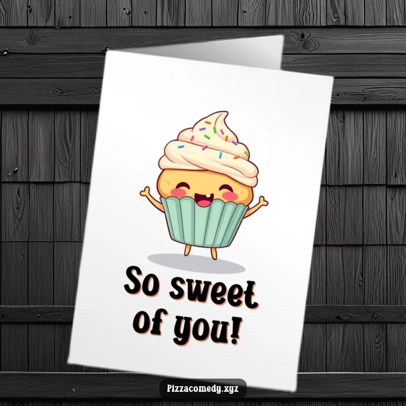 Funny Free Printable Cupcake Thank You Card: A cheerful cupcake with sprinkles for hair bounces energetically.
