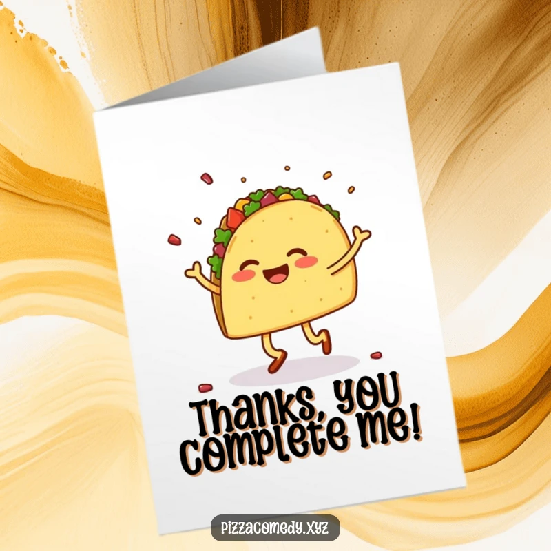 Funny Free Printable Thank You Card with a cheerful taco dancing and scattering toppings, perfect for foodies.