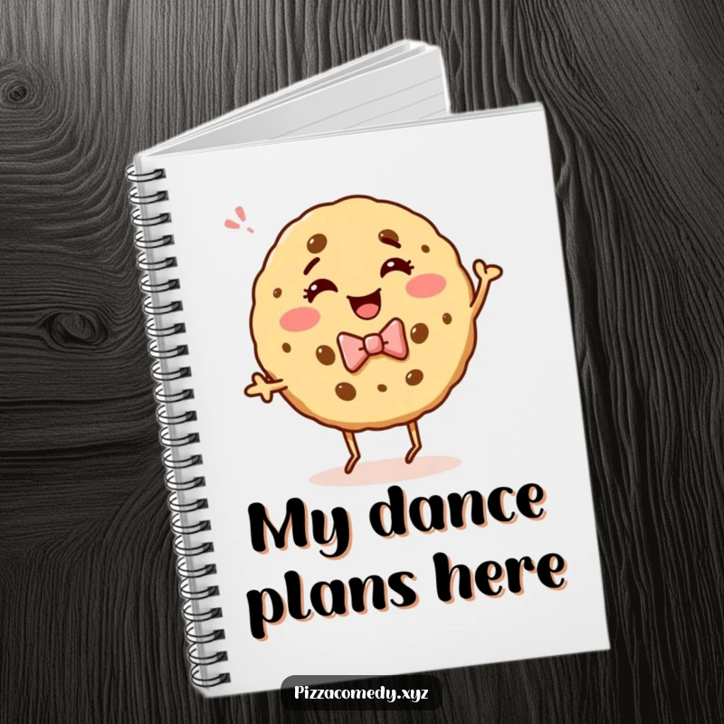 Funny notebook with a giggling cookie wearing a bow tie, dancing joyfully, perfect for capturing sweet thoughts and creative ideas.